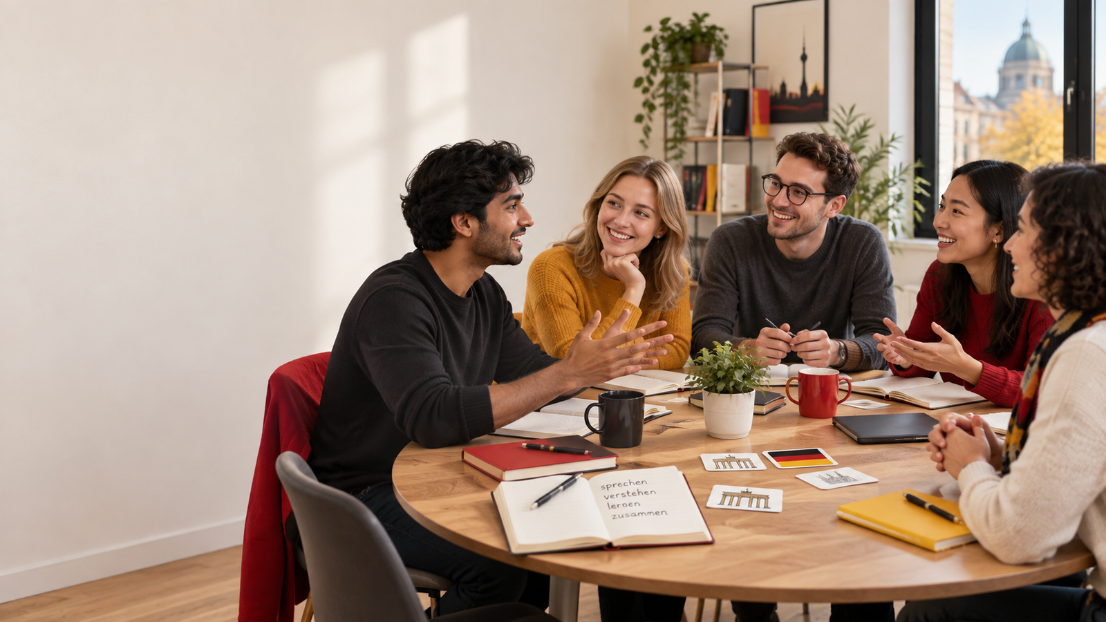 Learners in conversation around one table